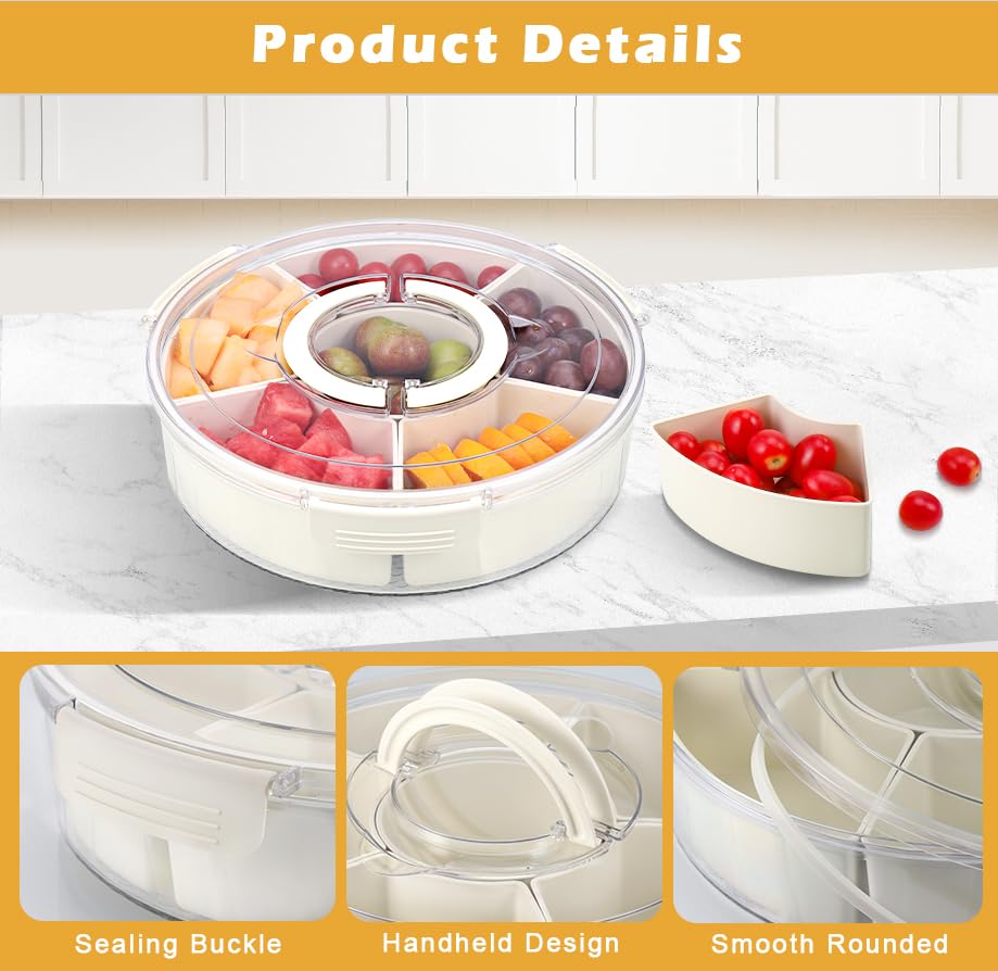 Hejo Divided Serving Tray with Lid, Rotating Snack Box with 6 Compartments, Removable Large Snack Box with Handle - Image 2