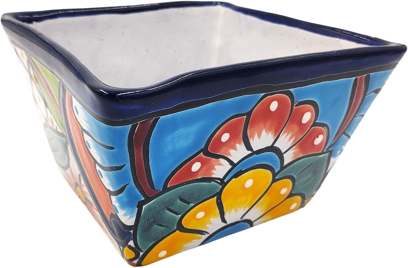 Cactus Canyon Ceramics CUADRITA PIRAMIDE Mexican Talavera Planter Pot (7" D x 7" W x 4.5" H) Hand Painted - Dark Blue Trim - Mexican Decor Planter