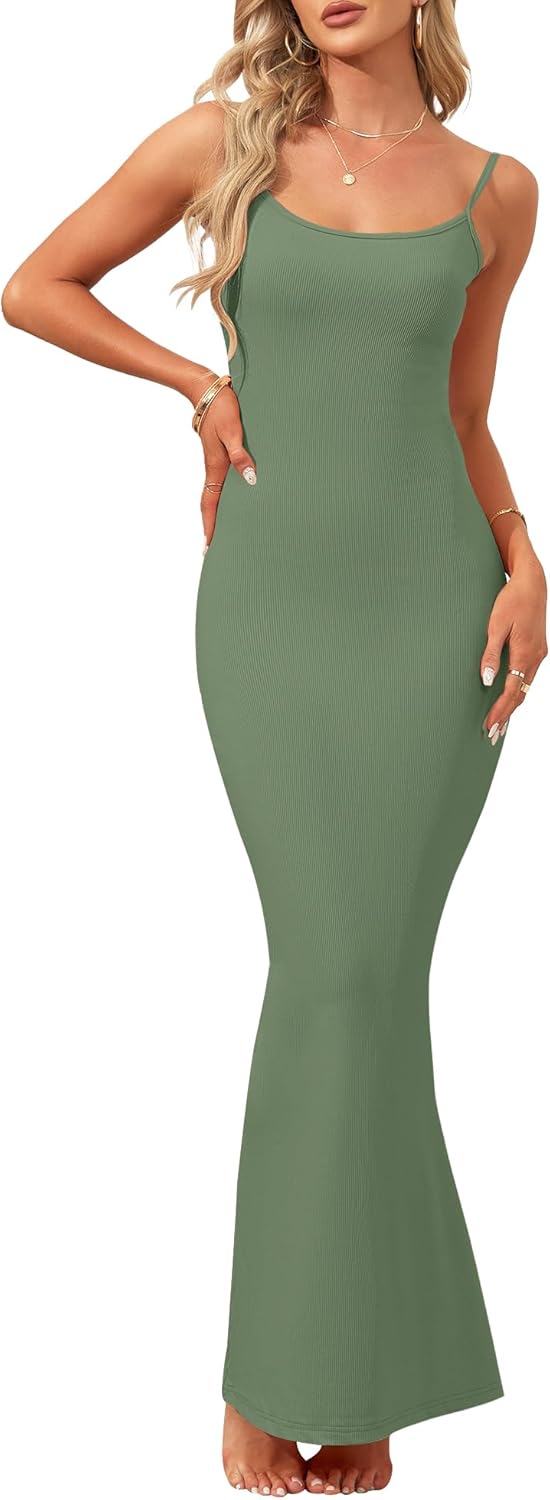 AUSELILY Womens Slip Maxi Dress Sexy Bodycon Dresses Sleeveless Square Neck Long Dress