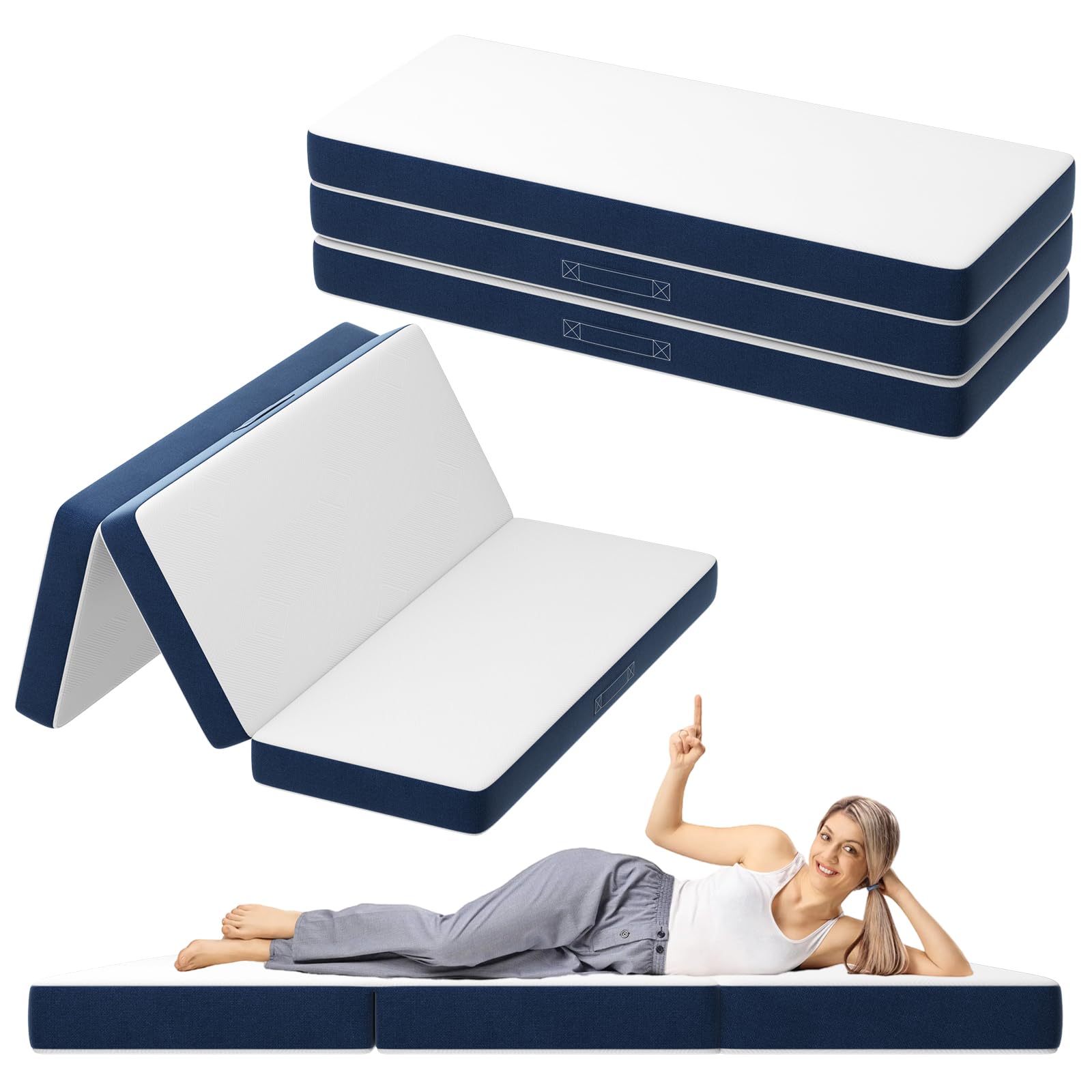 DEWINNER Matelas Pliant Triple,160x195x10cm, Matelas d'invité Polyvalent, 10cm Mousse épaisse, Housse Amovible et Lavable en Machine, Poignée de Transport pour faciliter Le Transport