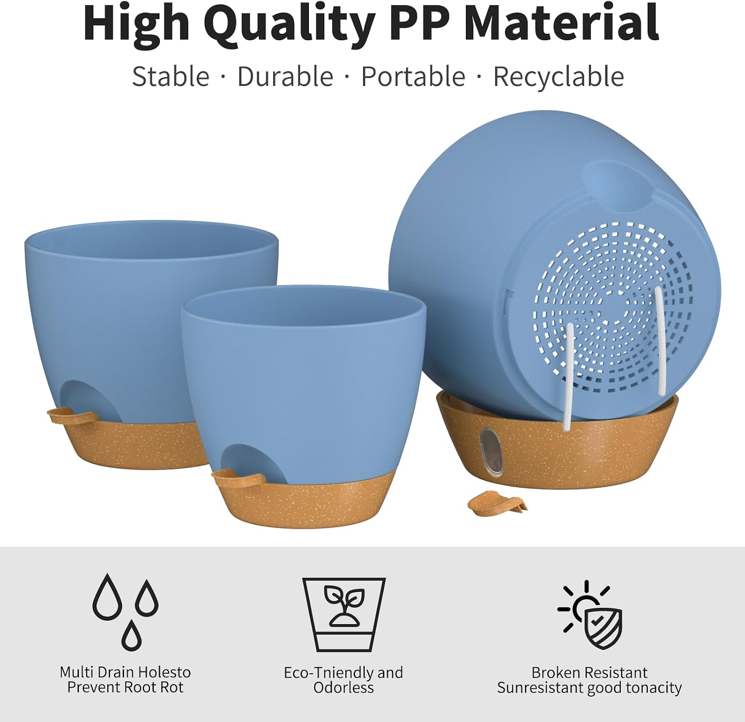 12/10/9/8/6 Inch Self Watering Pots for Indoor Outdoor Plants, Set of 5 Large Plastic Planters with Visual Water Window, Drainage Holes & Watering Lip, Modern Decorative Flower Pots (Blue)