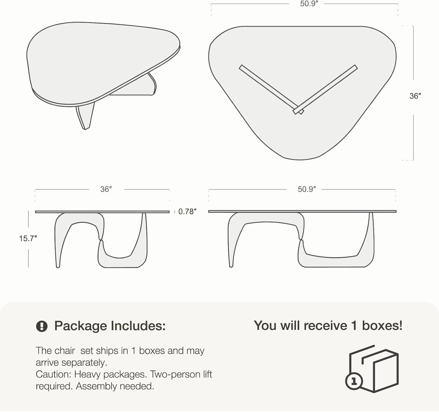Triangle Glass Top Coffee Table Noguchi Coffee Table Solid Wood End Base 0.75 inch Ultra Thick Tempered Glass Coffee Table Modern Cocktail Table 50" Wide - Light Walnut