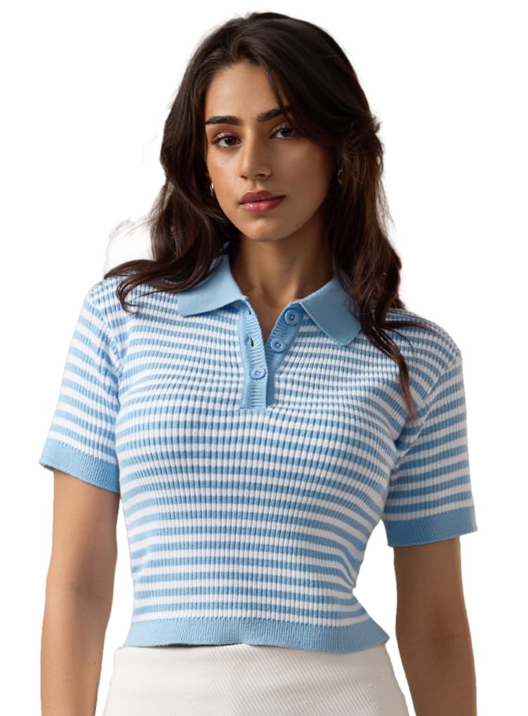 the souled store Cropped Polo: Azure Women and Girls Short Sleeves Spread Collar Blue Striped Cotton Slim Fit Ribbed Texture Lightweight Everyday Streetwear Versatile Polos-picture-18