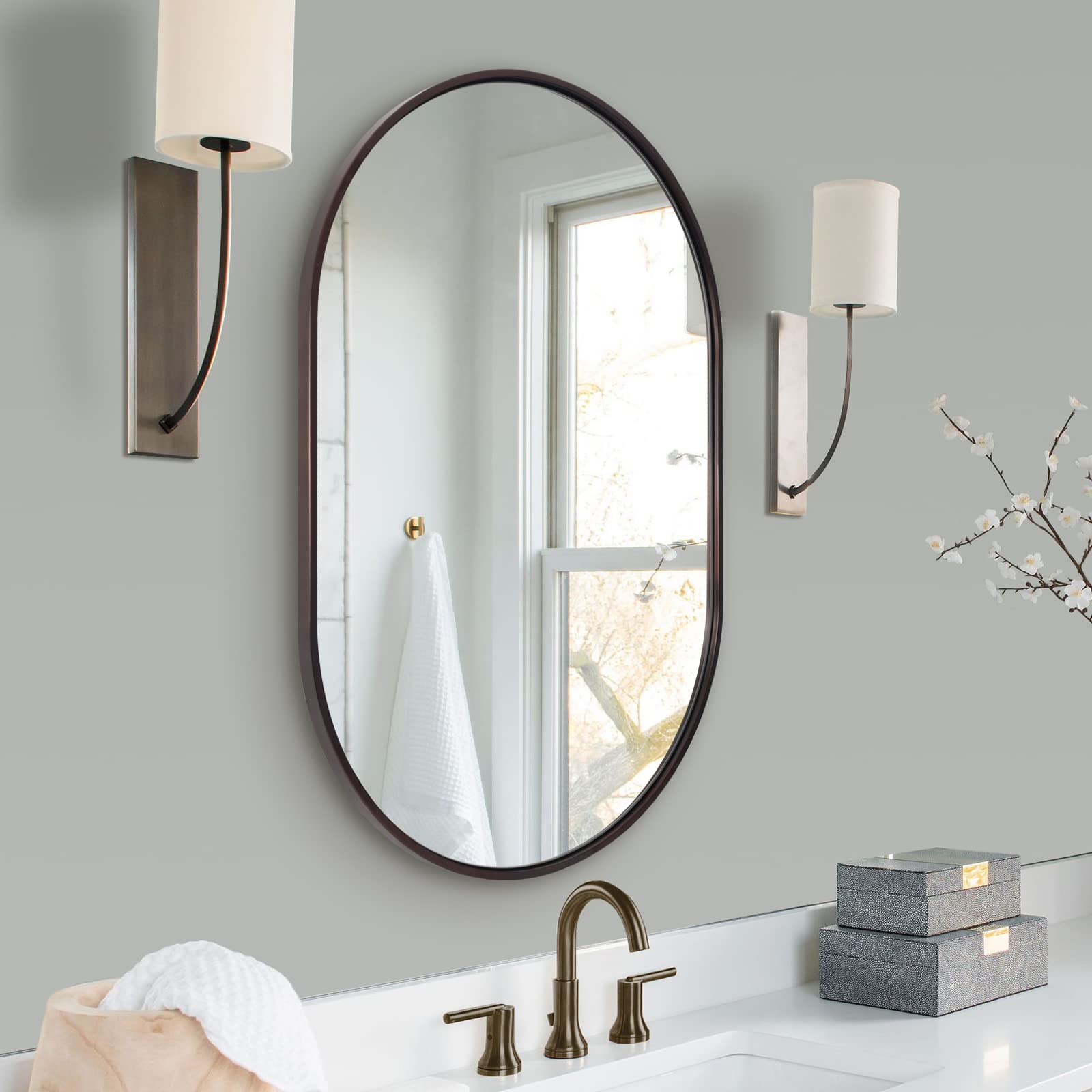 ANDY STAR Oval Mirrors for Bathroom, 20x30’’ Brushed Bonze Metal Frame Pill Mirror, Bathroom Oval Bronze Mirror for Wall, Modern Bronze Vanity Mirror Contemporary 1" Deep Set Design Wall Mount Mirror
