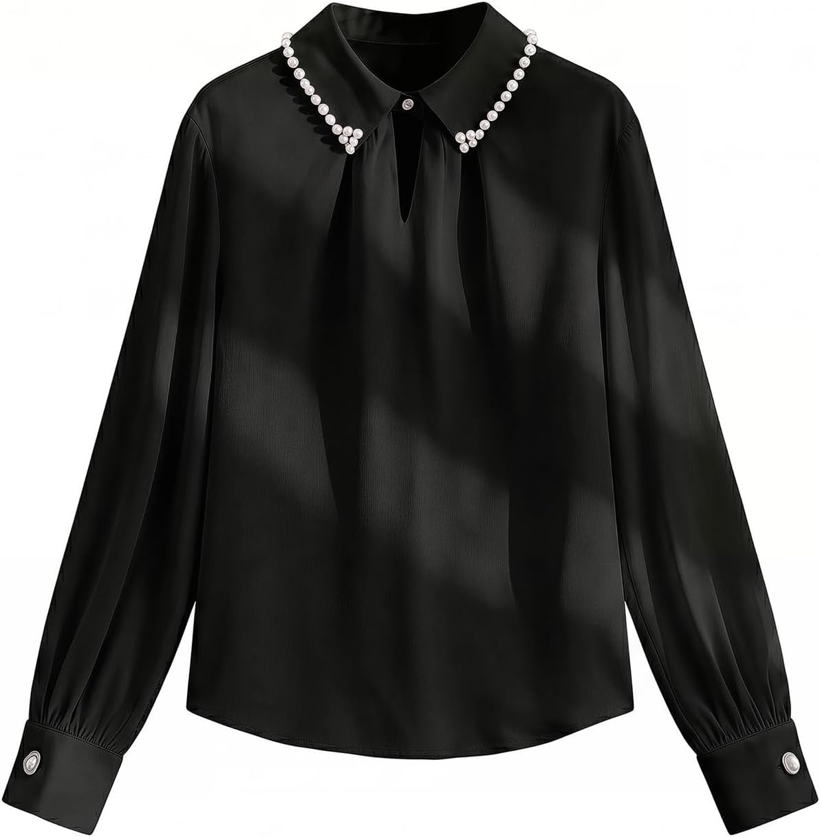 Floerns Women's Elegant Long Sleeve Shirts Pearl Beaded Collared Office Dressy Casual Blouses
