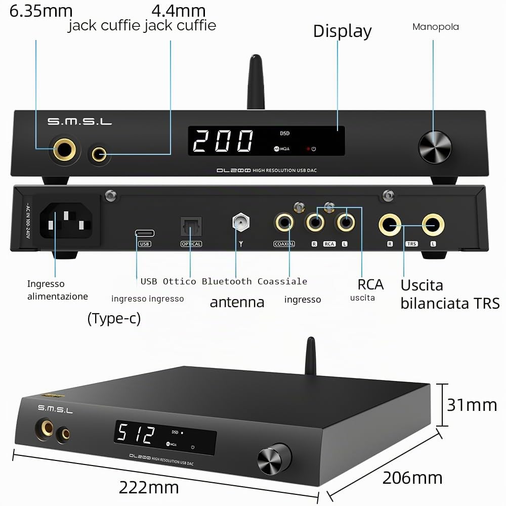 S.M.S.L DL200 Amplificatore per cuffie audio ES9039Q2M Chip di fascia alta MQA XMOS PCM768kHz/32bit DSD512 Ingresso USB/Ottico/Coassiale/Bluetooth THD+N 0,00006% con telecomando