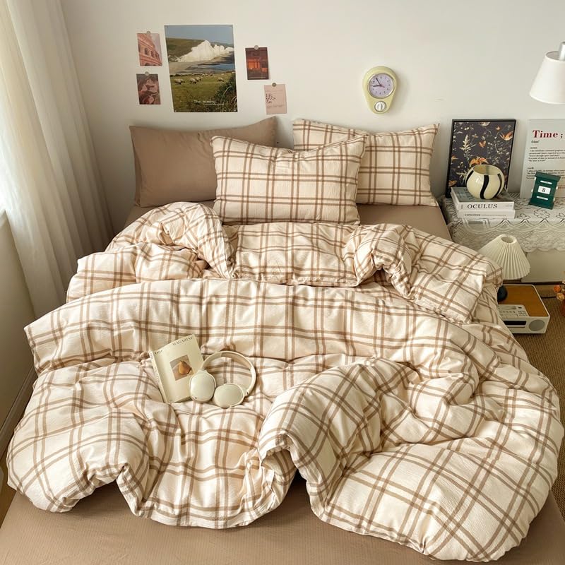 Image of Gingham Duvet Cover Set Queen Size,Beige Plaid Patterned 3Pcs Bedding Set for Kids Adults,Soft Breathable Microfiber Comforter Cover Checkered Design with Zipper Closure and 2 Pillowcases