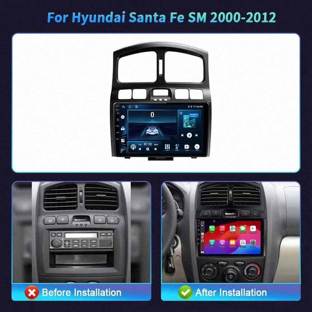 Bezprzewodowy Ekran Apple Carplay Android Auto dla Hyundai Santa Fe SM 2000-2012 Przenośny Ekran Dotykowy Apple Carplay, Nawigacja Gps/Sterowanie, 4 Rdzeń 2G+32G