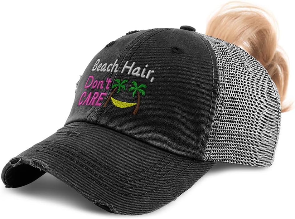 Speedy Pros Womens Ponytail Cap Beach Hair Don't Care Cotton Distressed Trucker Hats