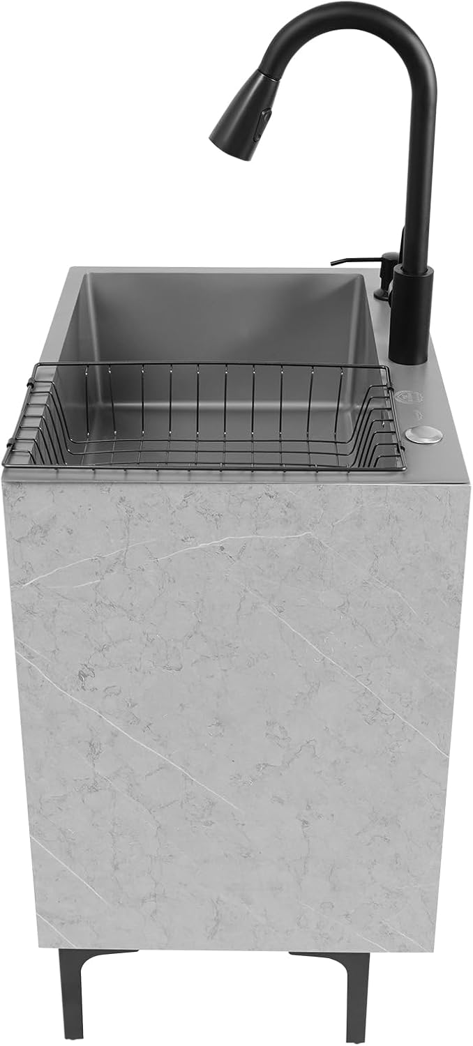 Laundry Sink Cabinet with Pull-Down Faucet Stainless Steel Utility Sink for Laundry Utility Room Bathroom Vanity Sink Cabinet with 2 Doors for Kitchen Outdoor (Grey)