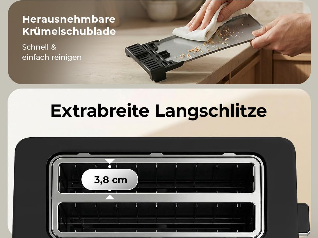 Balter Toaster 4 Scheiben, Touch Bedienung, Langschlitz, Edelstahl, Brötchenaufsatz, LCD Display Langschlitztoaster, Auftaufunktion, Brotzentrierung, TS-44 Schwarz matt