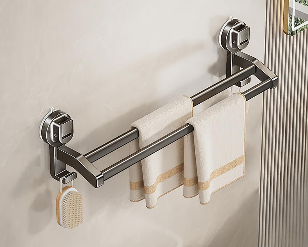 LNGFSH Double Towel Rail Suction Cup Towel Bar, Aluminium Towel Rail Wall Mounted with 2 Hooks, Hand Towel Holder for Bathroom and Kitchen, Stick on Wall, Door (Gray,60cm)