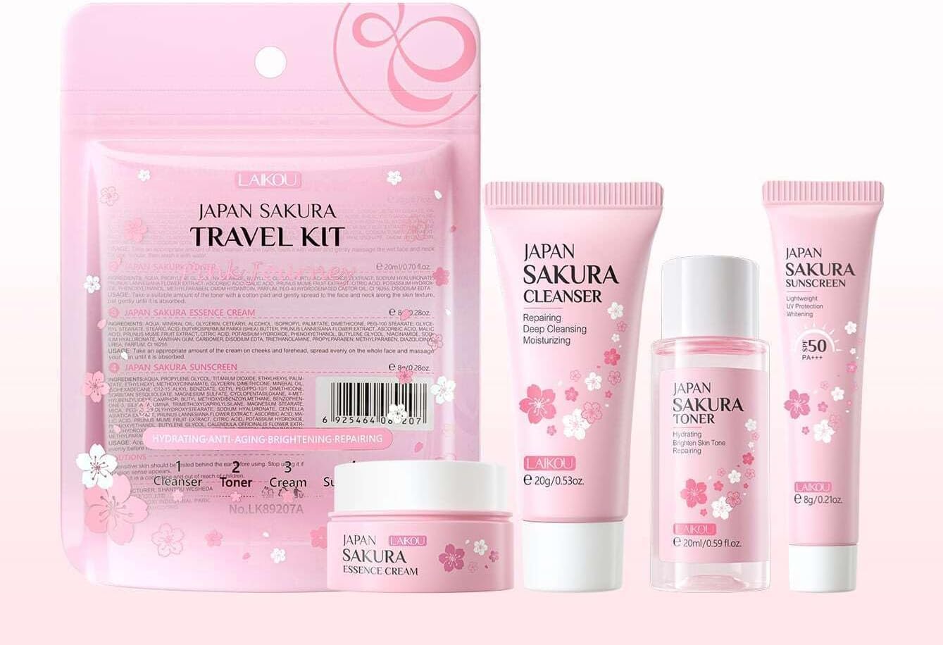 Japan Sakura Skincare Travel Kit- 4-in-1 Portable Skincare Set with SPF50+ Sunscreen, Nourishing Face Cream, Brightening Toner & Mild Cleanser