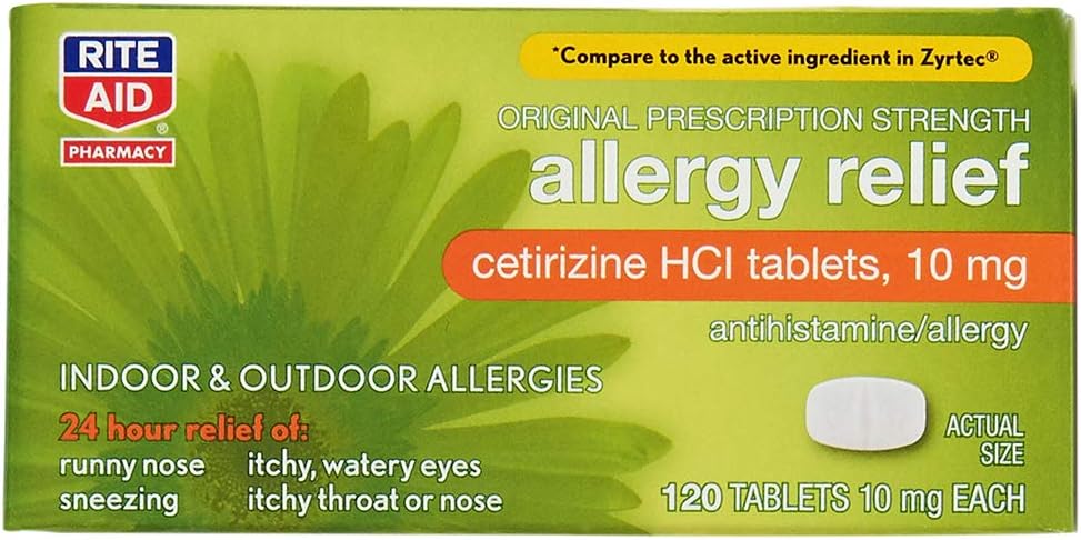 Rite Aid 24 Hour Allergy Relief with Cetirizine HCI Tablets, 10 mg - 120 Count | Allergy Medicine for Indoor & Outdoor Allergies
