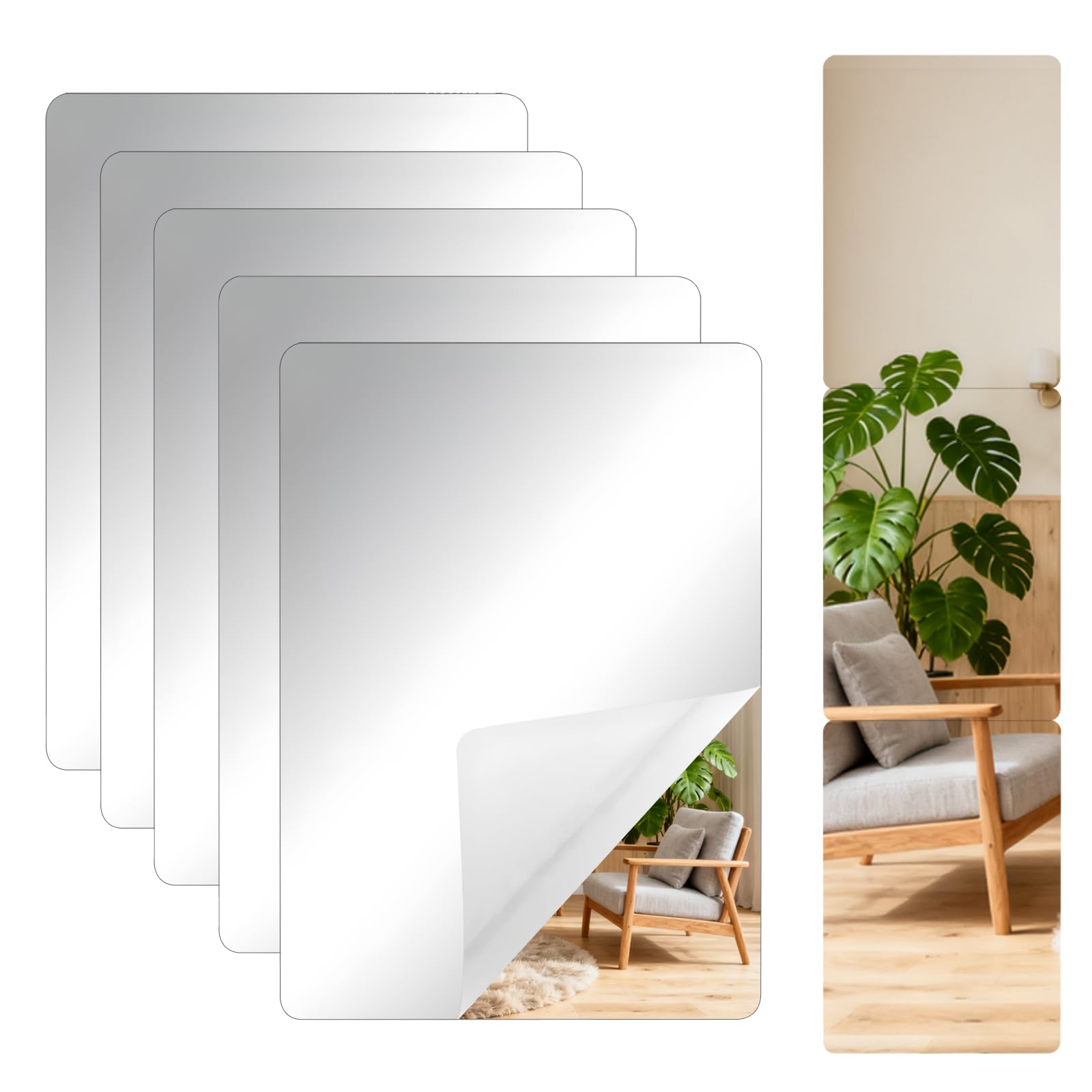 NZNSML 5 Pcs Stick on Mirror 29.7 x 21 cm Self Adhesive Acrylic Mirror 2 mm Thick for Wardrobe Doors Wall Bathroom Bedroom Living Room Rectangular