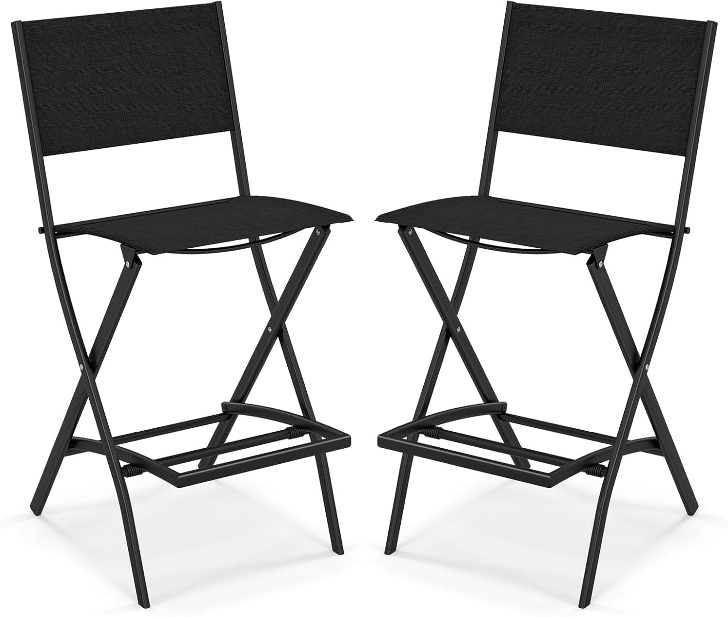 Tangkula Outdoor Barstools Set of 2, Counter Height Folding Bar Chairs with Back and Footrest, Versatile Patio Dining Chairs with Breathable Fabric & Heavy-Duty Metal Frame (2, Black)