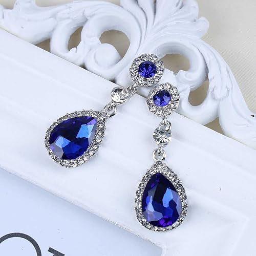 Miniatura 3 de Aretes colgantes de cristal de zafiro vintage, aretes de gota de zafiro azul, aretes de zafiro con lágrima, aretes colgantes de plata con circonita