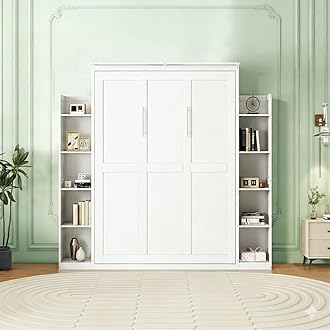 Harper & Bright Designs Queen Size Murphy Bed, Wooden Wall Bed with Shelves and LED Lights, White