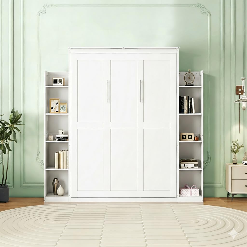 Harper & Bright Designs Queen Size Murphy Bed, Wooden Wall Bed with Shelves and LED Lights, White