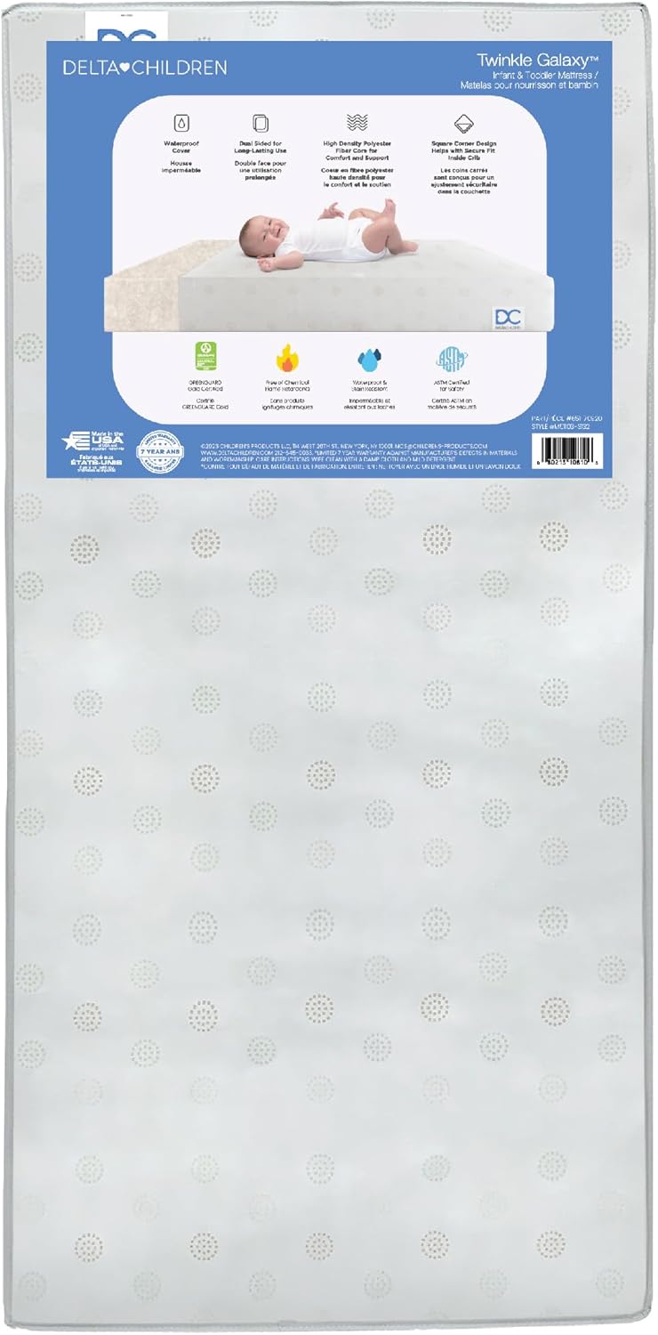 Delta Children Twinkle Galaxy Dual Sided Crib and Toddler Mattress - Premium Sustainably Sourced Fiber Core - Waterproof - GREENGUARD Gold Certified (Non-Toxic) - 7 Year Warranty - Made in USA Crib Mattress