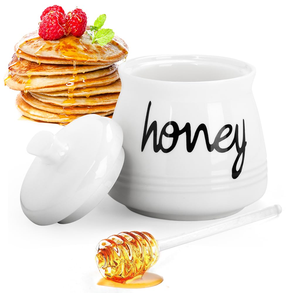 Porcelain Honey Pot with Lid and Glass Honey Stick, 12oz Ceramic Honey Dispenser with Dipper for Home Kitchen