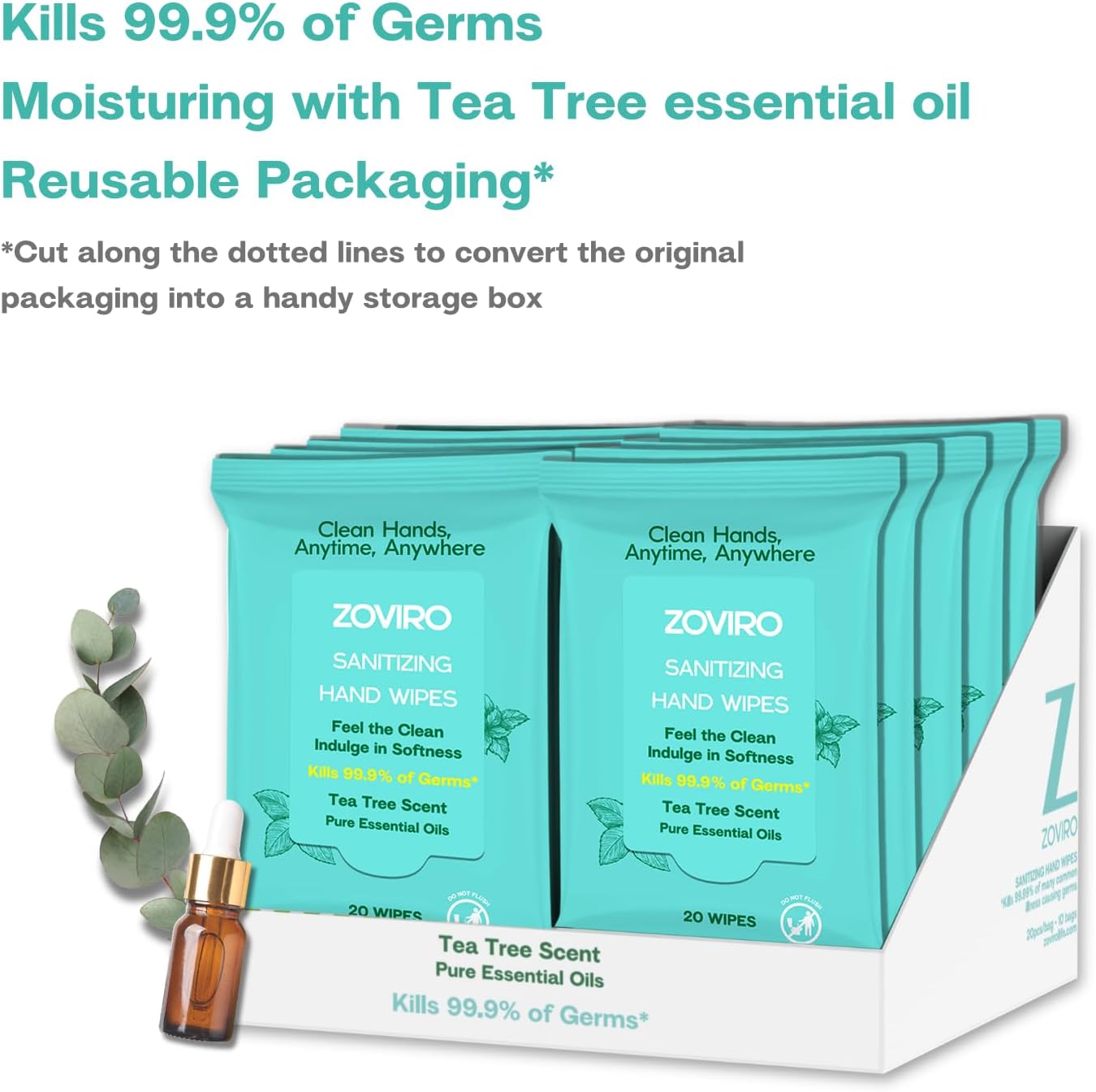 Hand Sanitizer Wipes, Moisturizing With Tea Tree ential Oil,