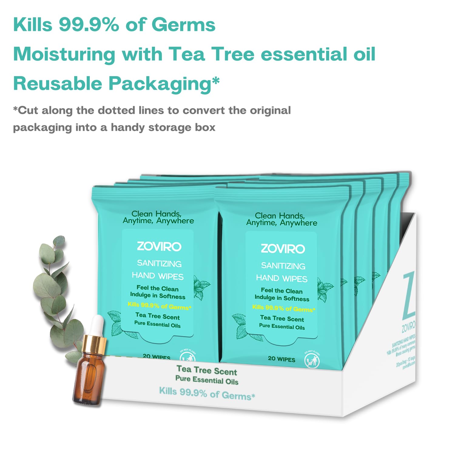 Zoviro Hand Sanitizer Wipes, Moisturizing With Tea Tree Essential Oil, Ultra-Soft 100% Viscose, Hand Wipes Travel Size, Tea Tree Scent, 20 Count (Pack of 10) - Image 7