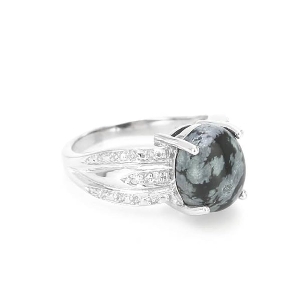 Cavill Schneeflocken Obsidian Ring 3,81 ct ovaler Cabochon mit 925er Sterlingsilberband und 4 funkelnden Zirkonen aus Kambodscha, eleganter Silberring Größe 16