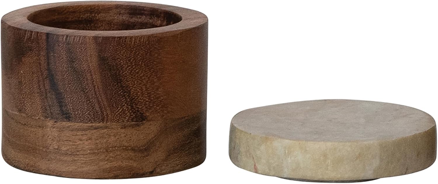 Creative Co-Op Round Acacia Wood Container with Marble Lid, Natural and Yellow Mélanges