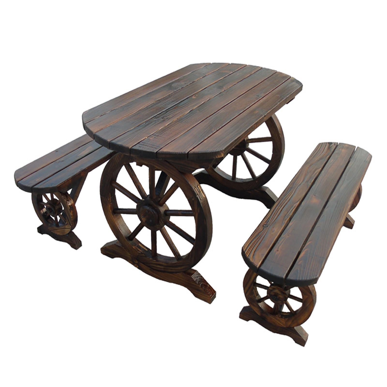 Panche da Esterno, Design Rustico a Ruota di Carro con 2 Panchine e 1 Tavolo, Panca Giardino in Legno di Pino Massello per Parco, Giardino, Cortile, Portico, Prato(140cm/55in)