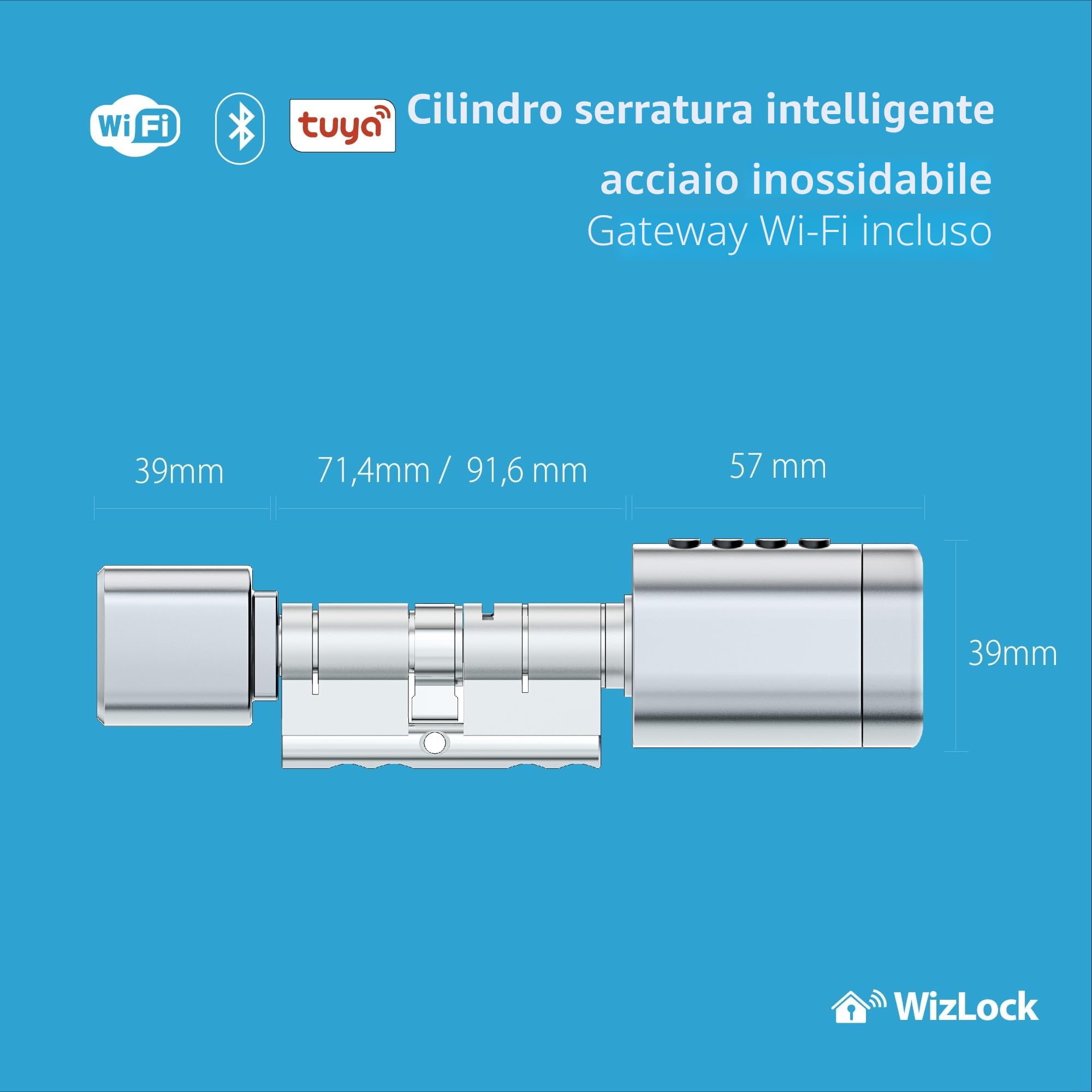 WizElek – Cilindro serratura smart Tuya Bluetooth, gateway Bluetooth/Wi-Fi incluso, lega di alluminio effetto inox argento – Accesso: codice, badge RFID (4), impronta, app, chiave (2)