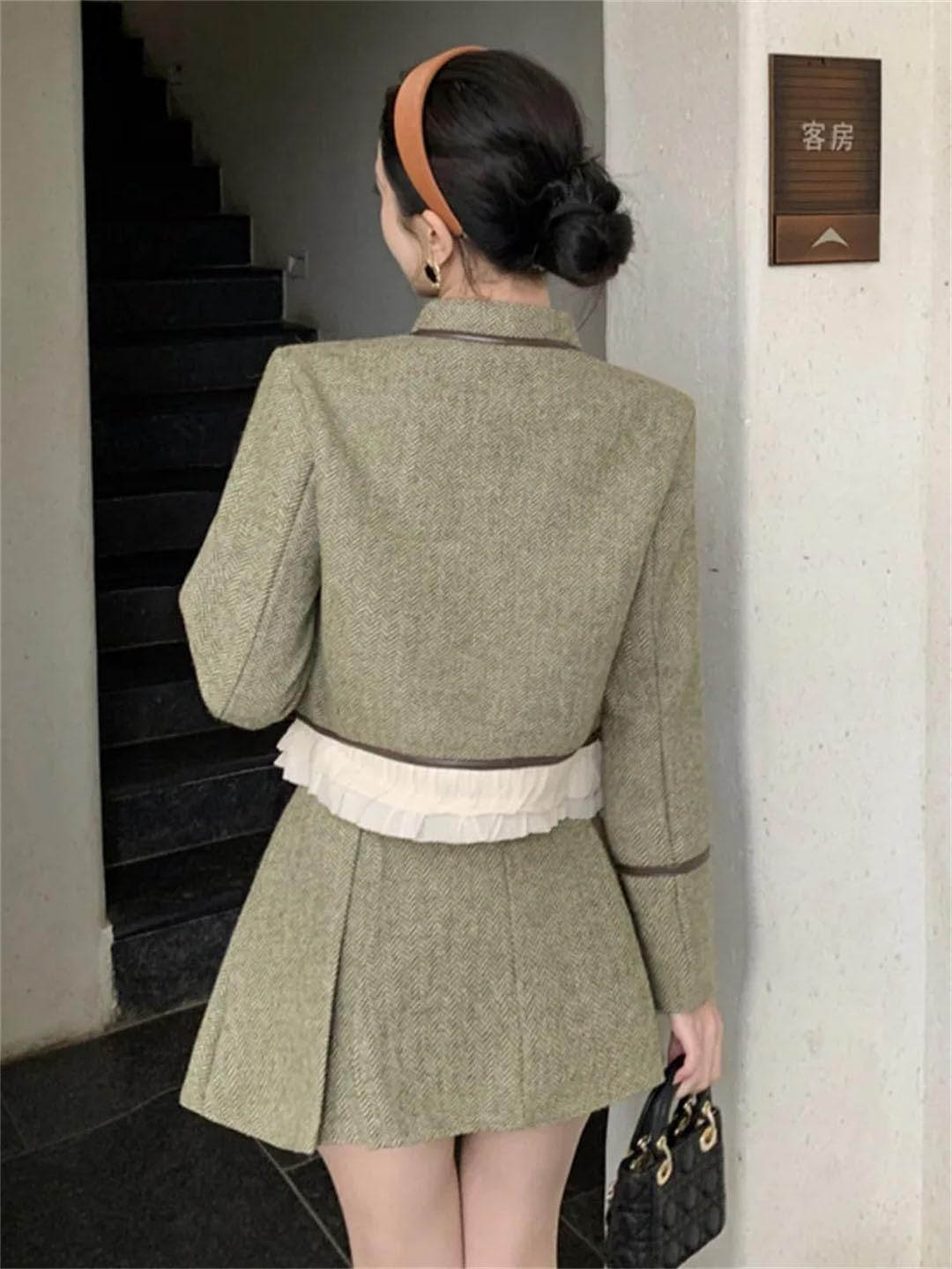Women Elegantes Winter French Vintage Two Piece Set for Jacket Coat Skirt 2 Piece Suits