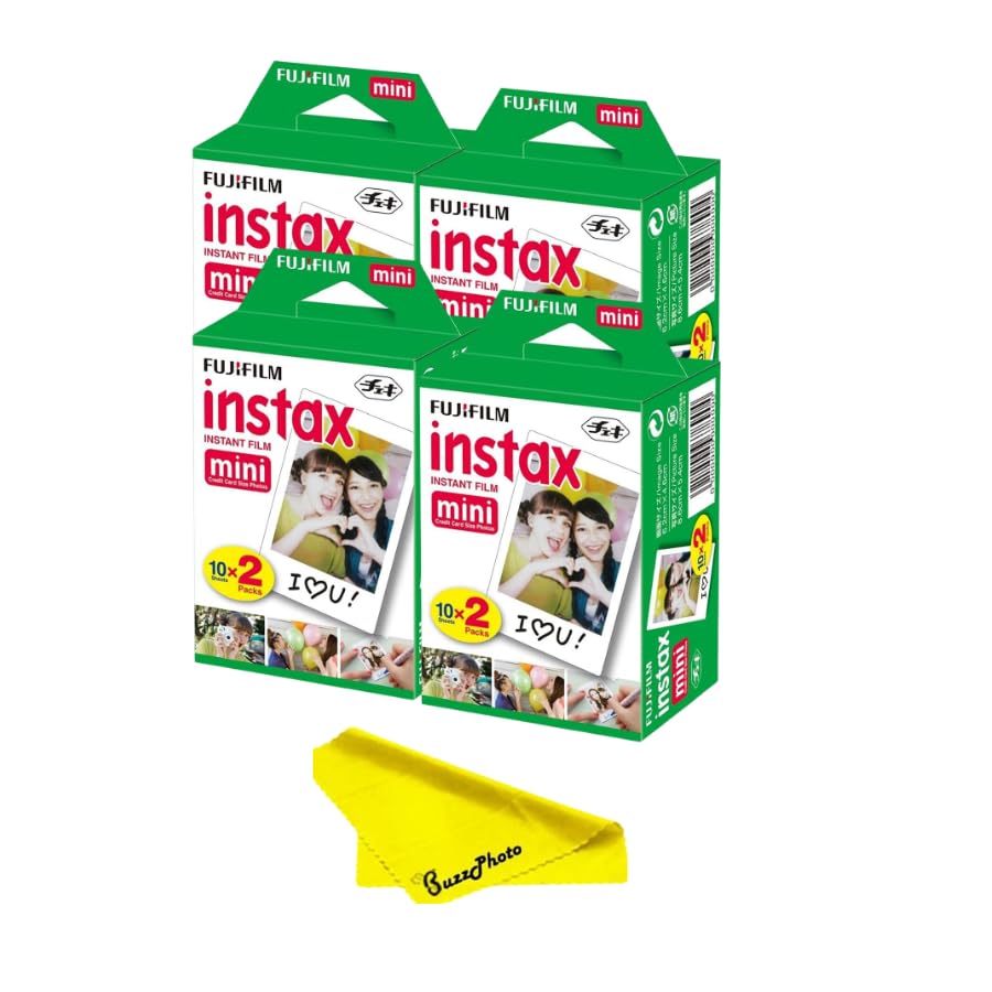 Fujifilm Instax Mini Twin Pack Picture Format Instant Daylight Film for Fujifilm Instax Mini Instant Cameras w/BuzzPhoto Microfiber Cleaning Cloth (4
