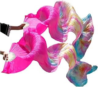 Women Belly Dance Silk Veils Colorful Tie-Dyed Fans 1.8M 1 Pair(Left+Right) Folding Bamboo Long Fans for Dance Performance