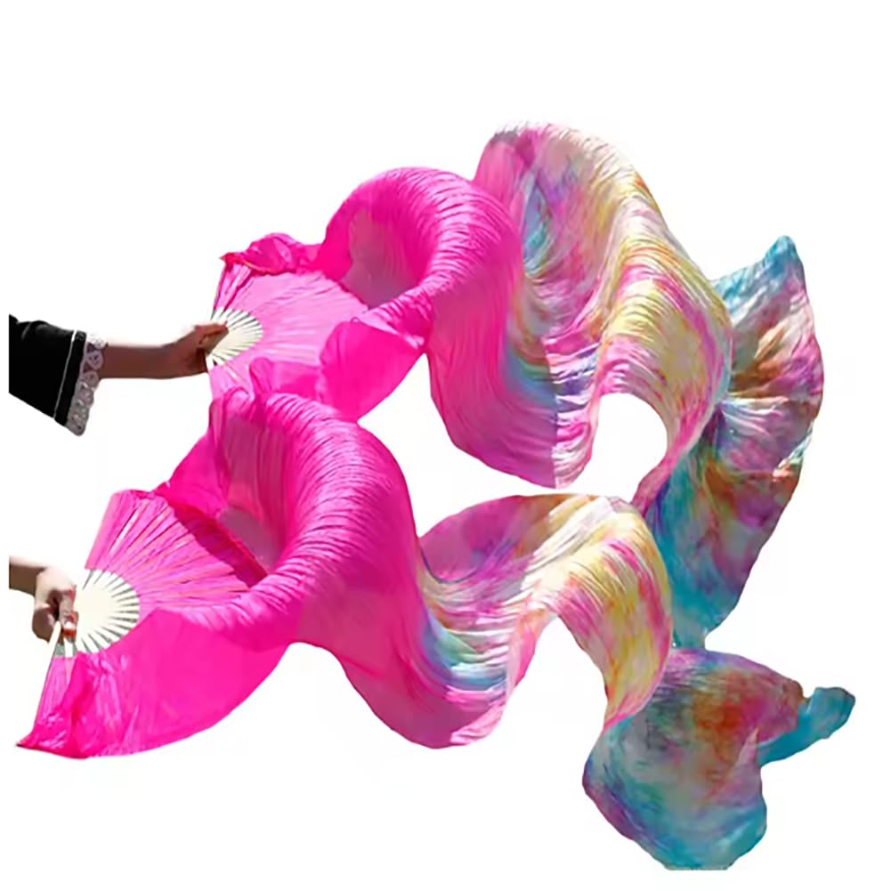 Women Belly Dance Silk Veils Colorful Tie-Dyed Fans 1.8M 1 Pair(Left+Right) Folding Bamboo Long Fans for Dance Performance