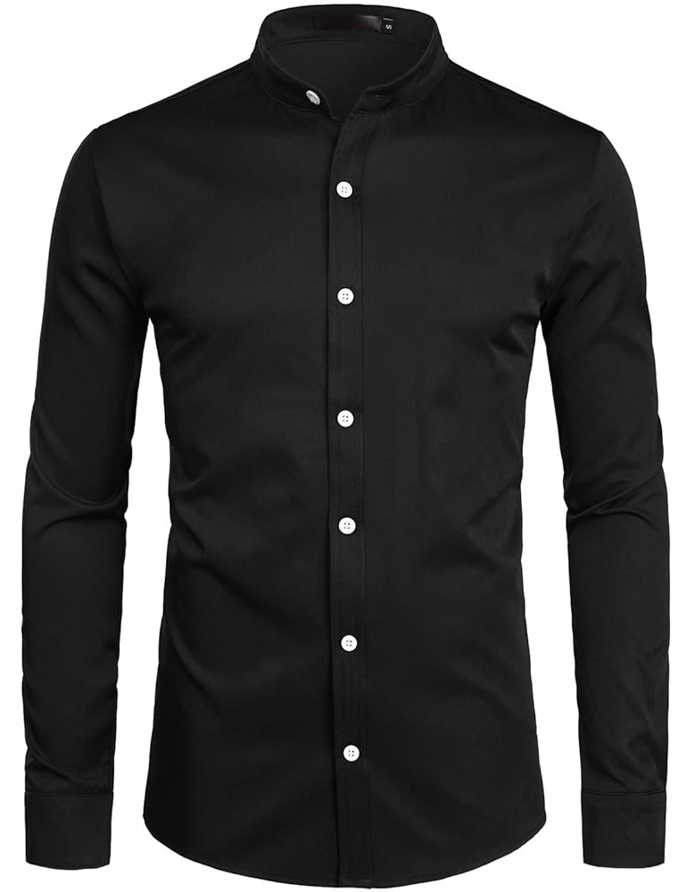 ZEROYAA Mens Hipster Solid Slim Fit Long Sleeve Mandarin