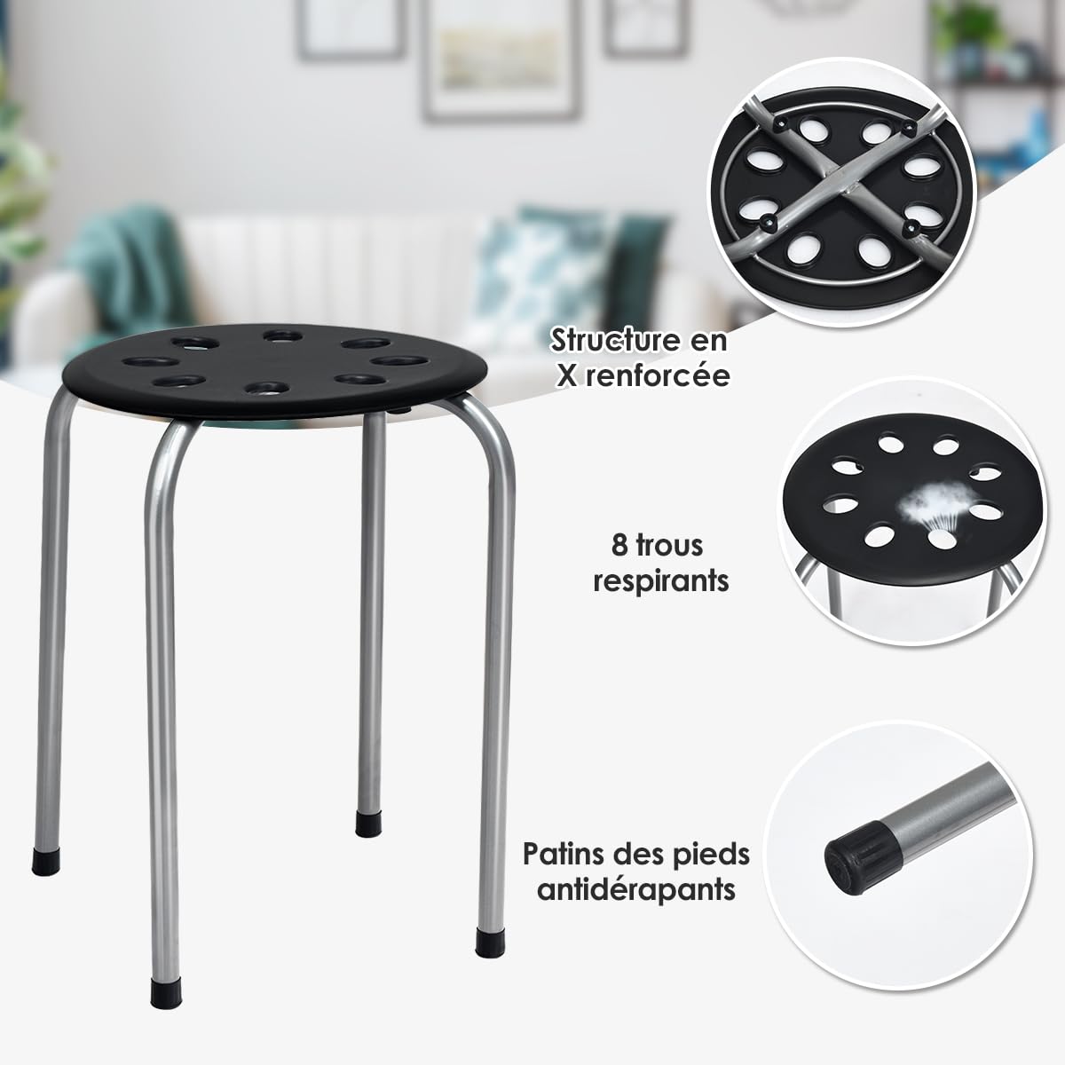 GOPLUS Lot de 6 Tabourets Empilables, Tabourets Légers sans Dossier avec Cadre en Métal Et Siège en Plastique, Tabourets Ronds Polyvalents, Noir/Couleurs Assorties/Noir + Gris (Gris Foncé)