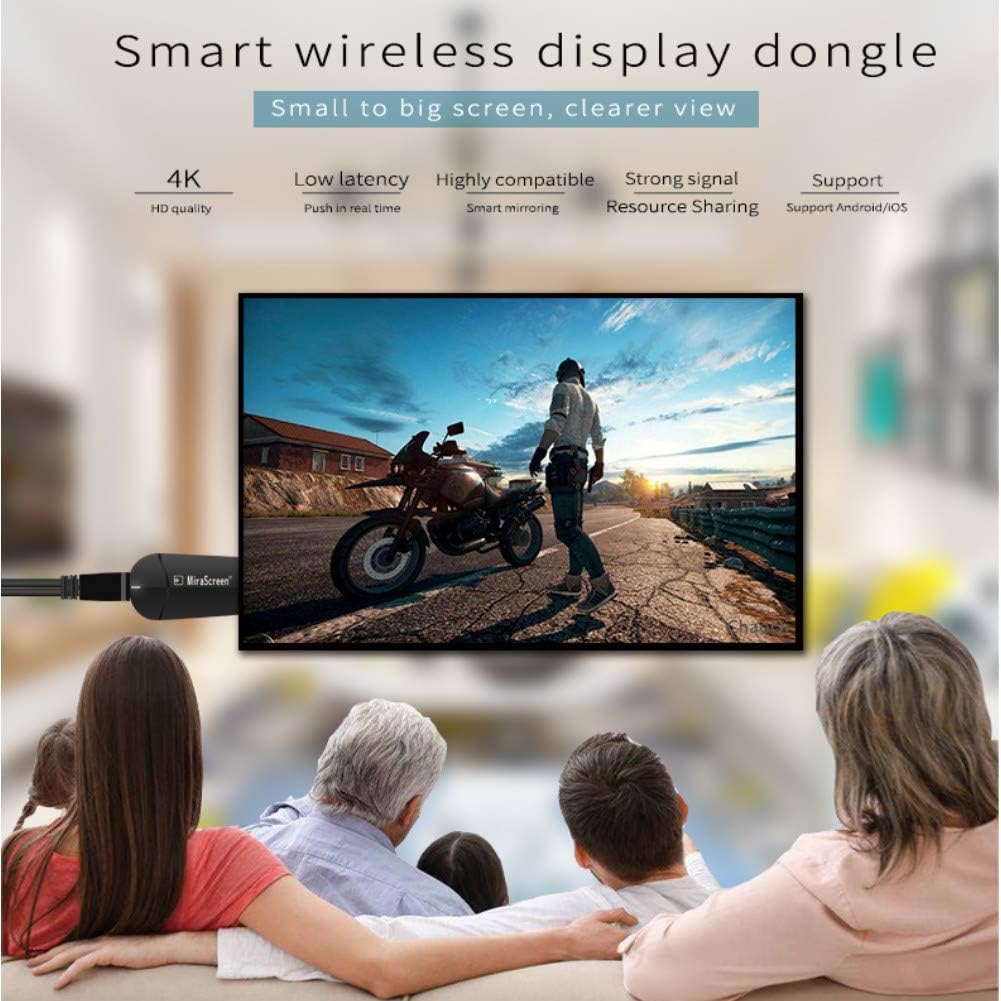 A family watching content mirrored from a device to a large TV screen using the SmartSee wireless display dongle.