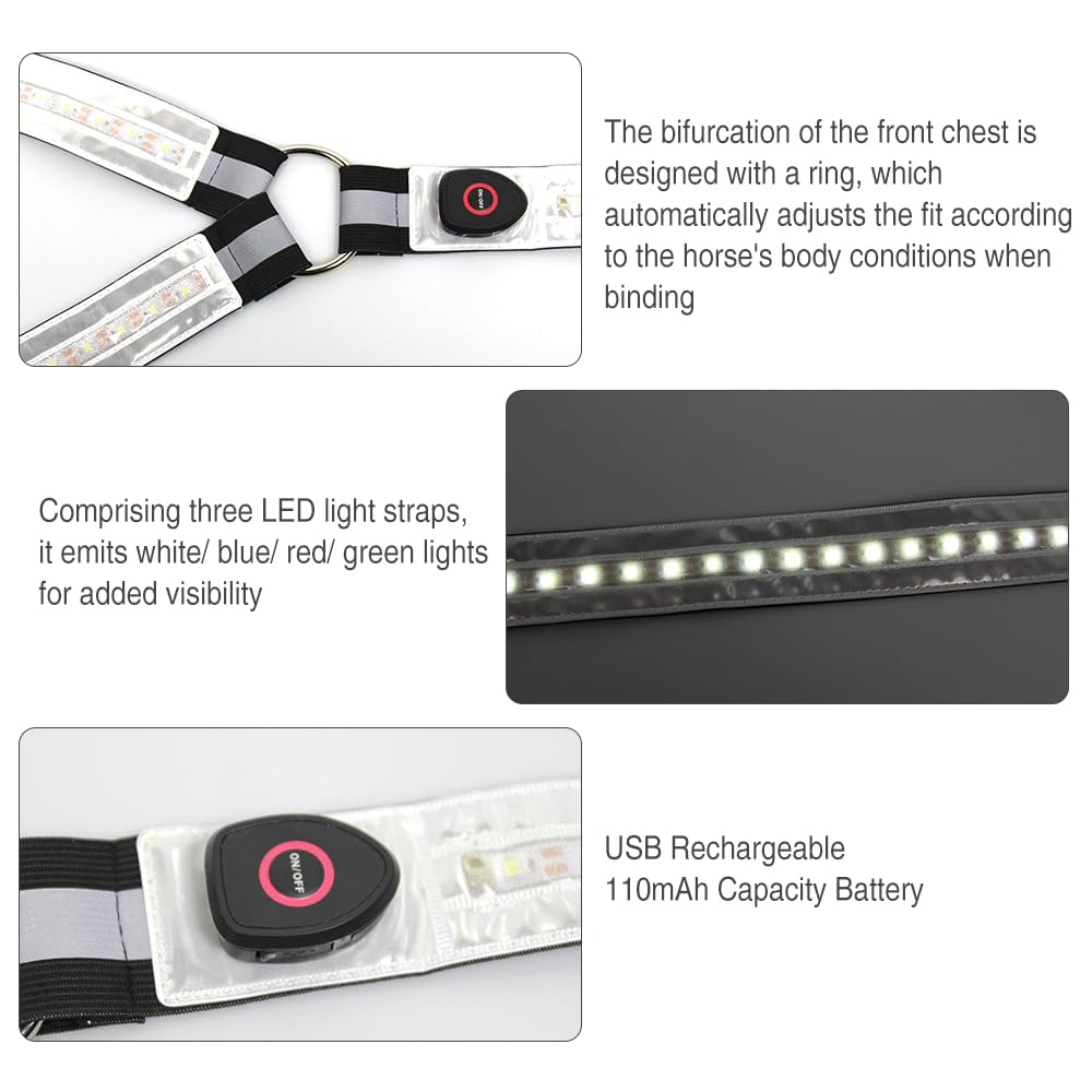 Pettorale a LED per cavalli, ricaricabile tramite USB, riflettente, elastico, per la sicurezza, alta visibilità durante le corse su strade e sentieri