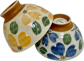 Japanese Mino Ware Ceramic Rice Bowl Set, 4.84 Inches Diameter x H2.56 Inches, 13.3 Fluid Ounces Set of 2 from Japan (BL, YL Flowers Design)