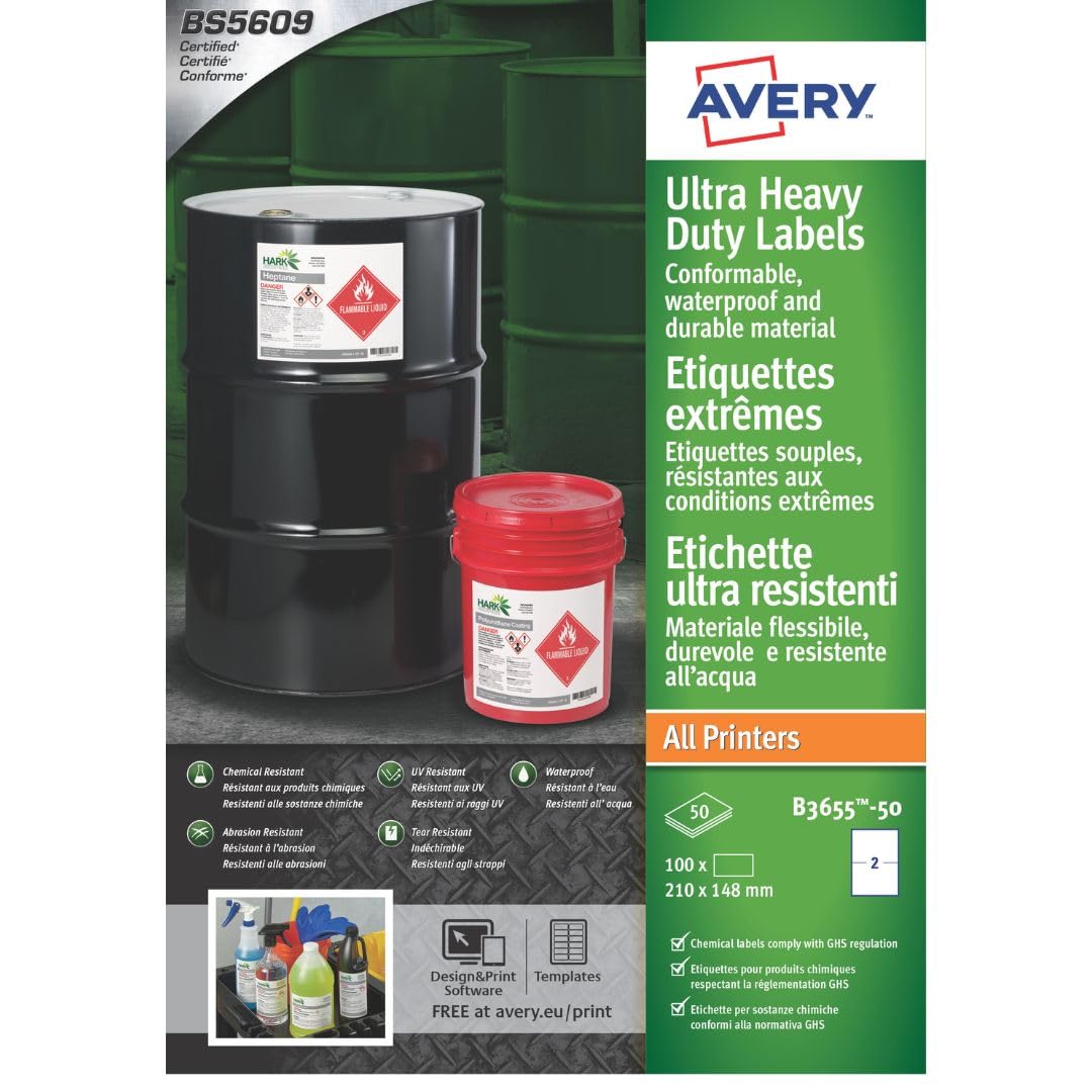 Avery B3655-50 (210 x 148.5mm) Extra Strong Adhesive, Ultra Heavy Duty Industrial Waterproof GHS Labels, 2 Labels Per A4 Sheet