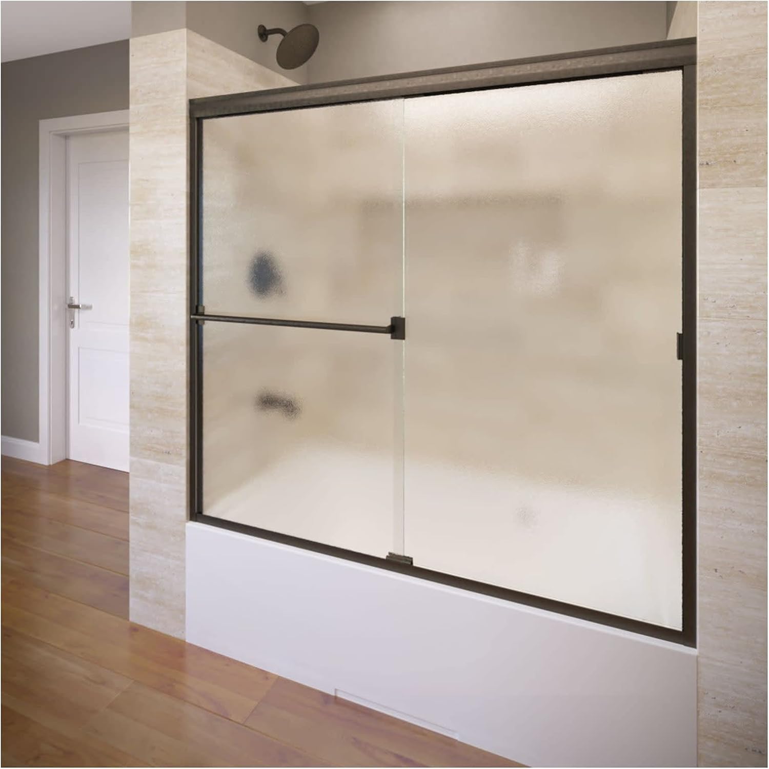 Basco Shower Door Classic Semi-Frameless Sliding Tub Door, 52-56 in. W x 56 in. H, 3/16 in. Obscure Tempered Glass, Oil Rubbed Bronze