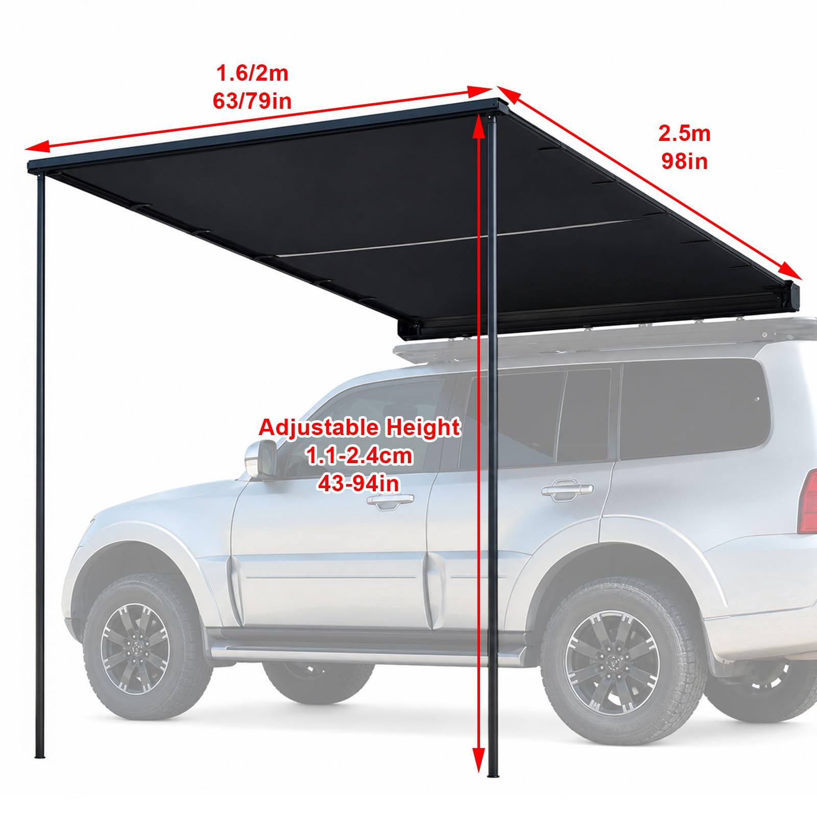 Markiza Samochodowa z Powłoką w Kolorze Czarnym, Markiza Samochodowa z Oświetleniem LED, Rozkładana Aluminiowa Rama do SUV-ów, Samochodów Kempingowych i Terenówek(160x250cm/63x98in)
