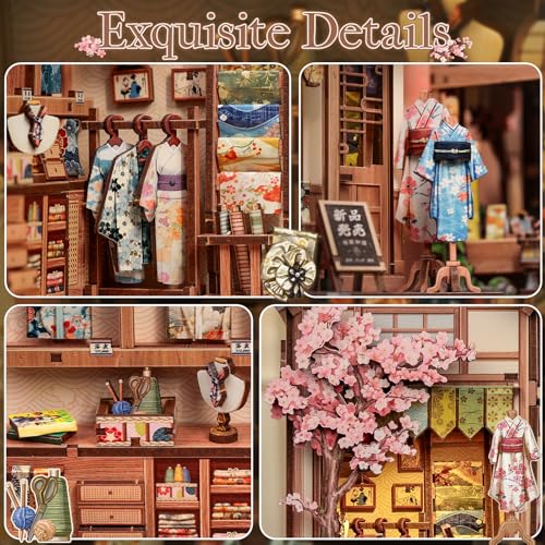 CUTEBEE Japanese Sakura Kimono Book Nook Kit - DIY Puppenhaus 3D Holzpuzzle Erwachsene, Miniatur Haus Selber Bauen, Kreatives Geschenk & Deko für Bücherregal