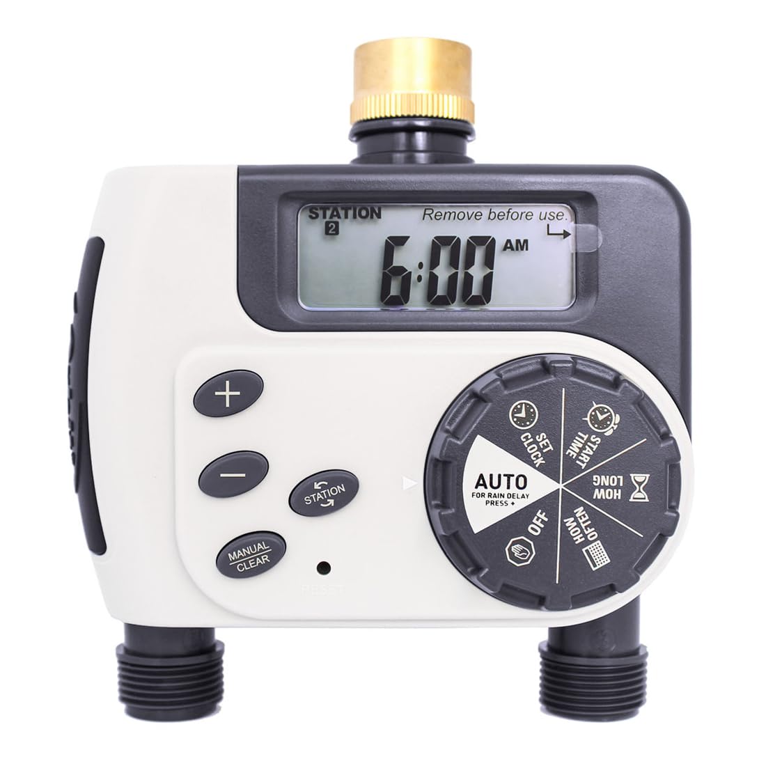 Side view of the GNCGarden Orbit Buddy II digital irrigation programmer, showing the digital display, control dial, and buttons.