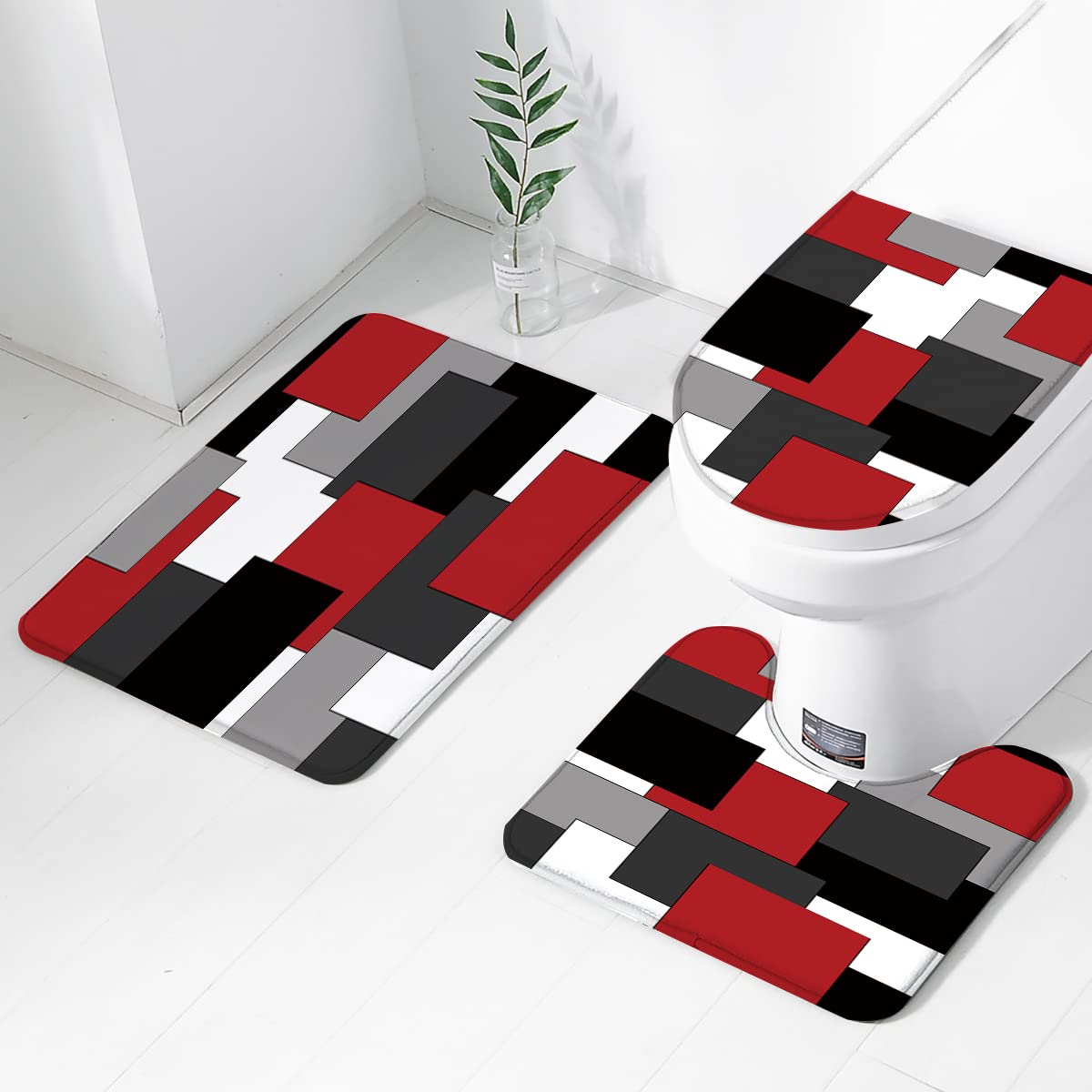 AAtter 4 Piece Red and Black Shower Curtain Set Geometric White Grey Men Silver 60Wx72L Curtains Decor with Non-Slip Rugs, Toilet Lid Cover and Bath Mat Bathroom Accessorie Home Bathtub Set, Modern