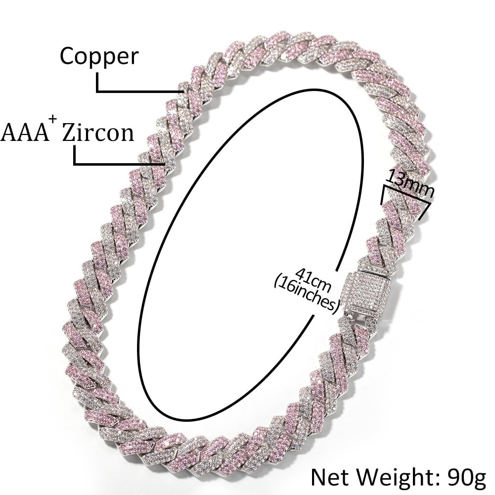 Iced Out Miami Catena a maglie cubane Placcata in oro bianco 18k Collana a maglie cubane da 13 mm Collana girocollo Collana con bracciale a catena con diamanti multicolori per uomo Donna