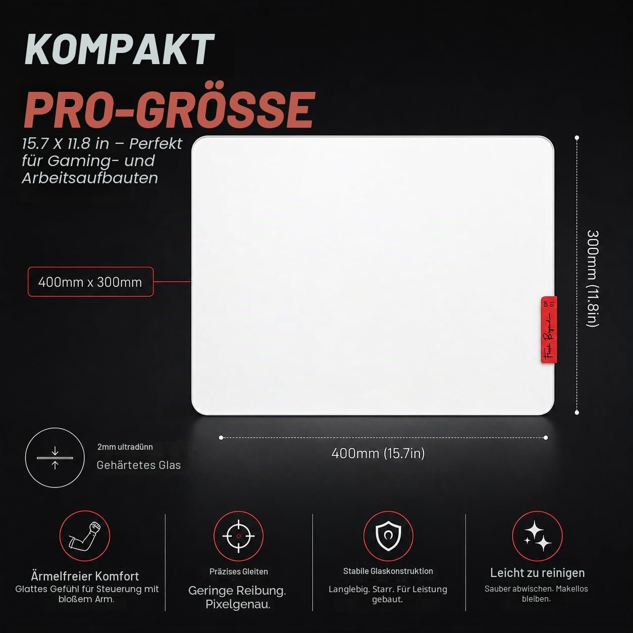 Flash Beyond Glass Gaming-Mauspad – Premium-Glas-Pad mit Rutschfester Gummiunterseite – Glatte, präzise Tracking, langlebige Oberfläche für High-Speed-Gaming, ideal für FPS-Spieler (Schwarz, Mitte 40