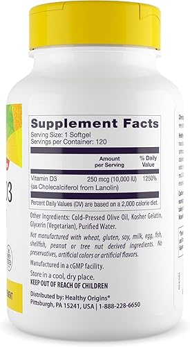 Miniatura 3 de Healthy Origins Vitamina D3 10,000 UI (sin OMG, alta potencia, apoyo óseo, apoyo inmunológico, sin gluten), 120 cápsulas blandas