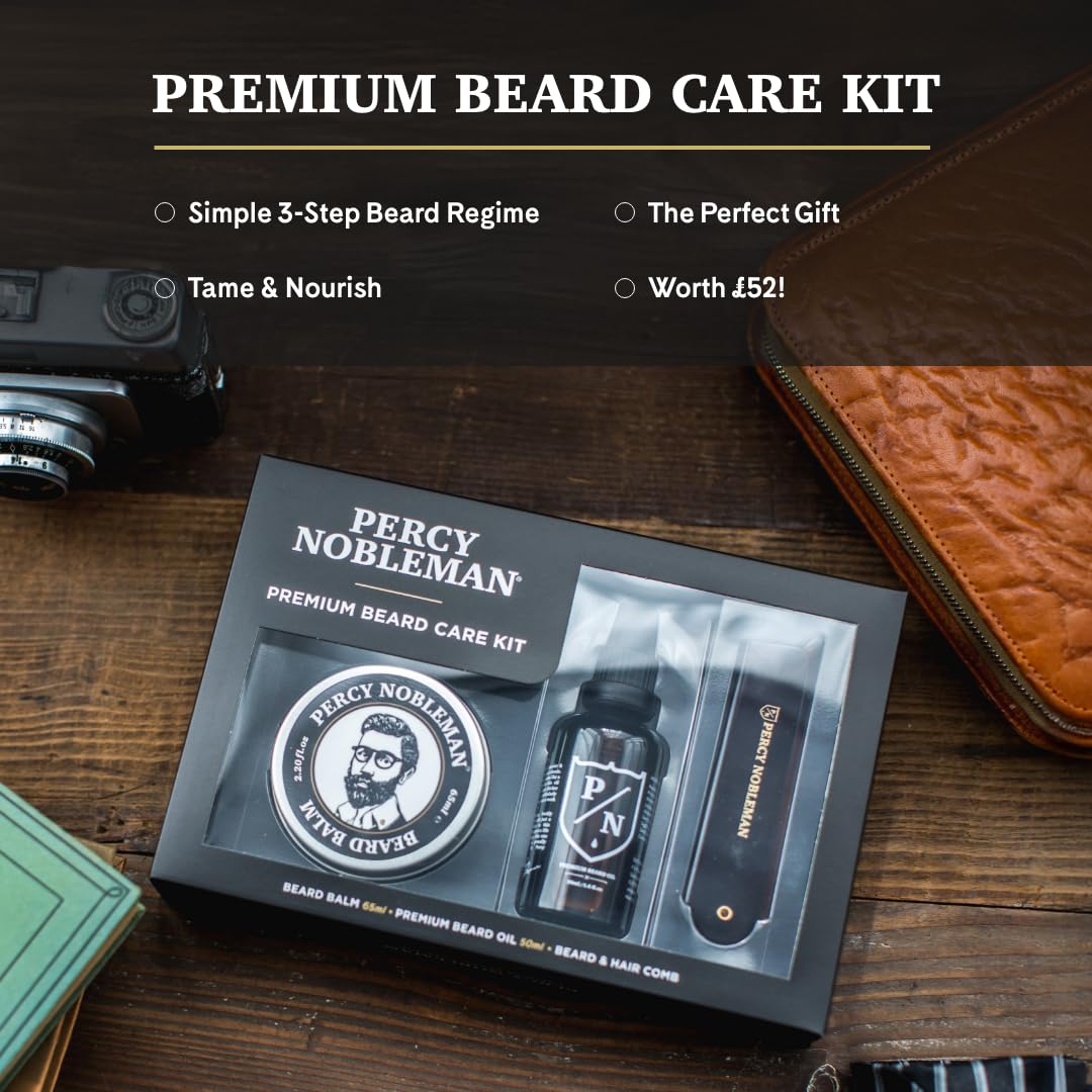 Kit de Soin de Barbe Premium Percy Nobleman, un Coffret de Soin de Barbe en Édition Limitée, Contenant une Huile de Barbe Premium, un Baume pour Barbe et un Peigne Pliable